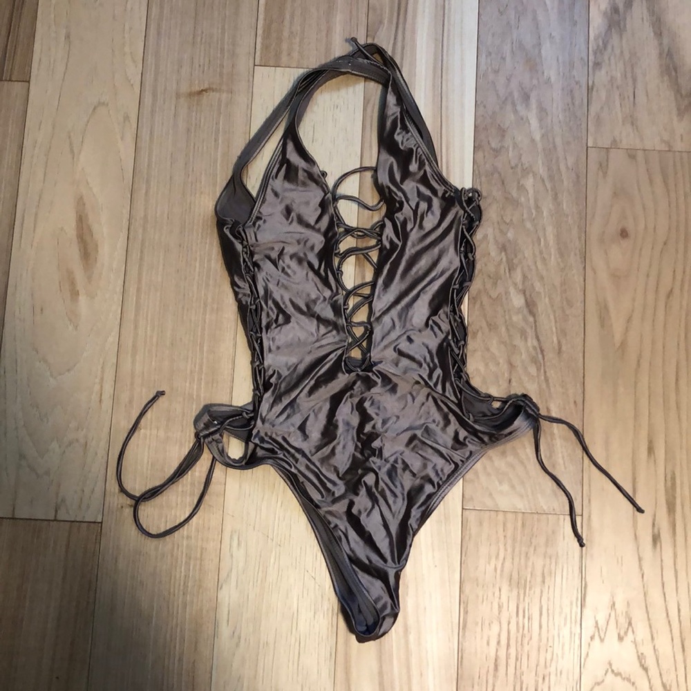 Metallic tan one piece swimsuit bodysuit